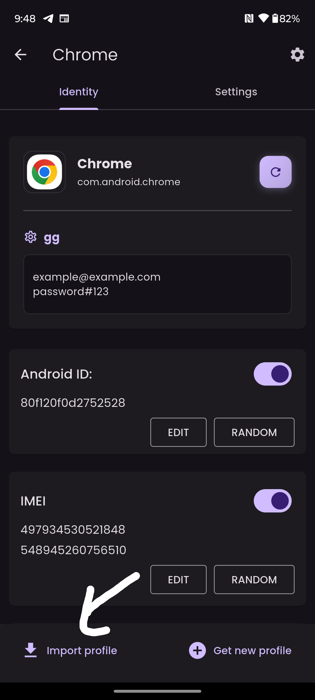 Screenshot of identity tab